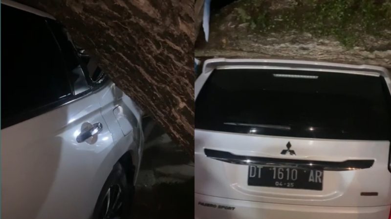 Detik-detik Mobil Mewah Jenis Mitsubishi Pajero di Wawotobi Konawe Tertimpa Pohon